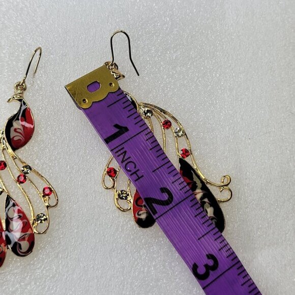 Peacock Chandelier Earrings Gold Red and Black Bird Earrings - Picture 4 of 7